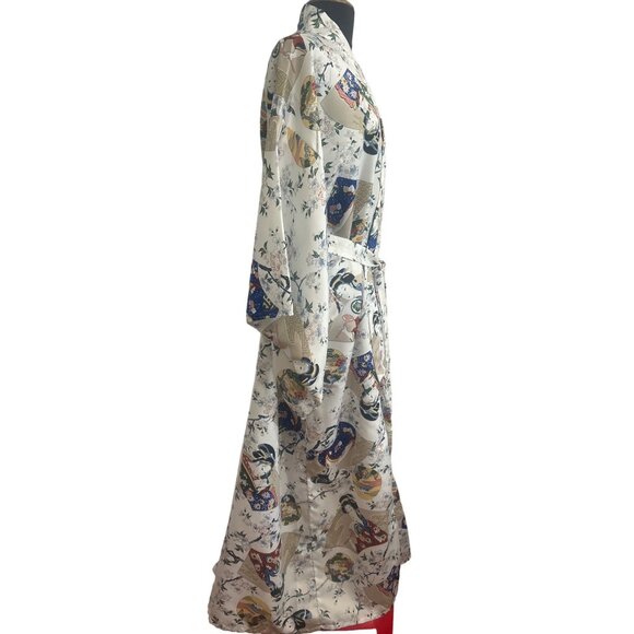 Jade Brand, White Floral Print/Geisha Design Long Polyester Kimono - Picture 5 of 11